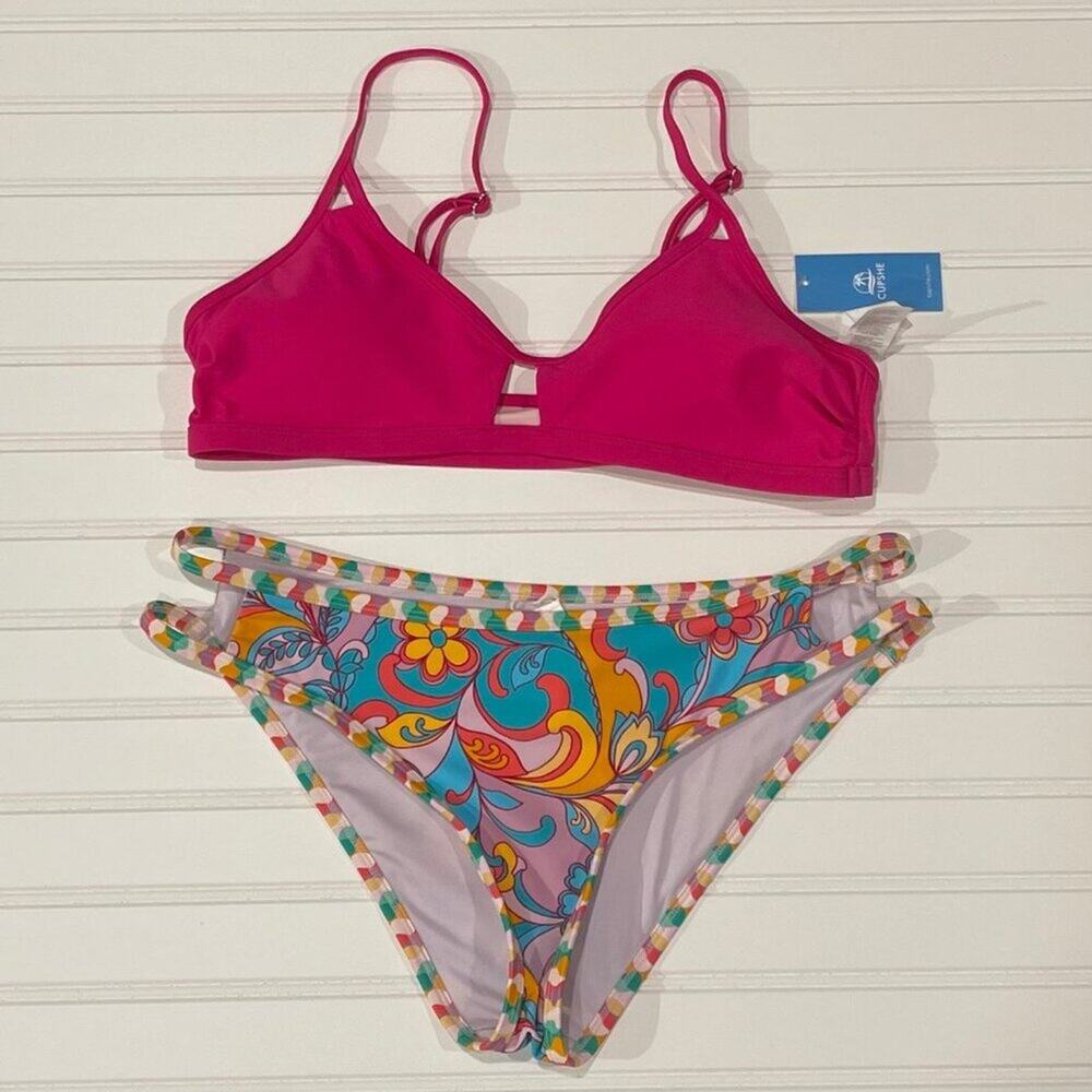 CUPSHE Women 2 Piece Swimsuit Size L Pink Multicolor Paisley Cross Back NWT